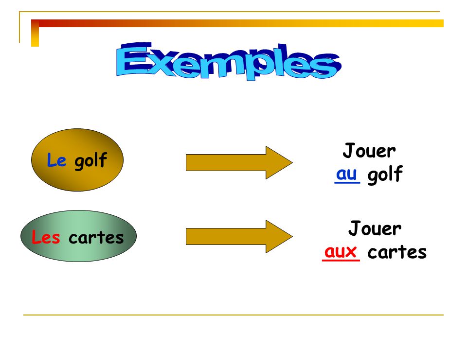 Exemples Jouer __ golf Le golf au Jouer ___ cartes Les cartes aux
