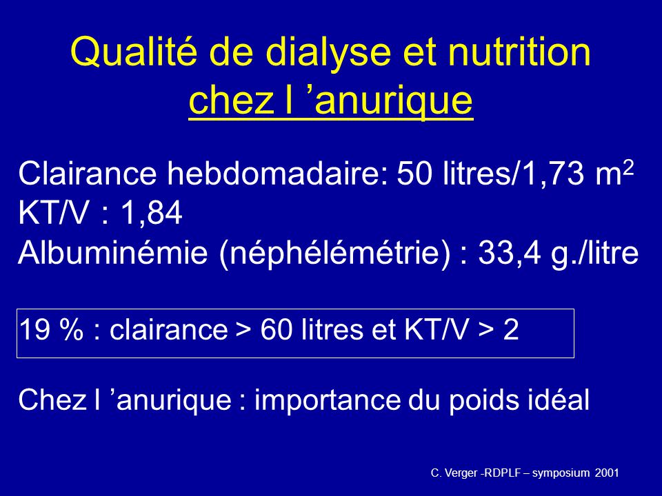 Qualité de dialyse et nutrition chez l ’anurique
