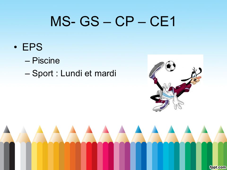 MS- GS – CP – CE1 EPS Piscine Sport : Lundi et mardi