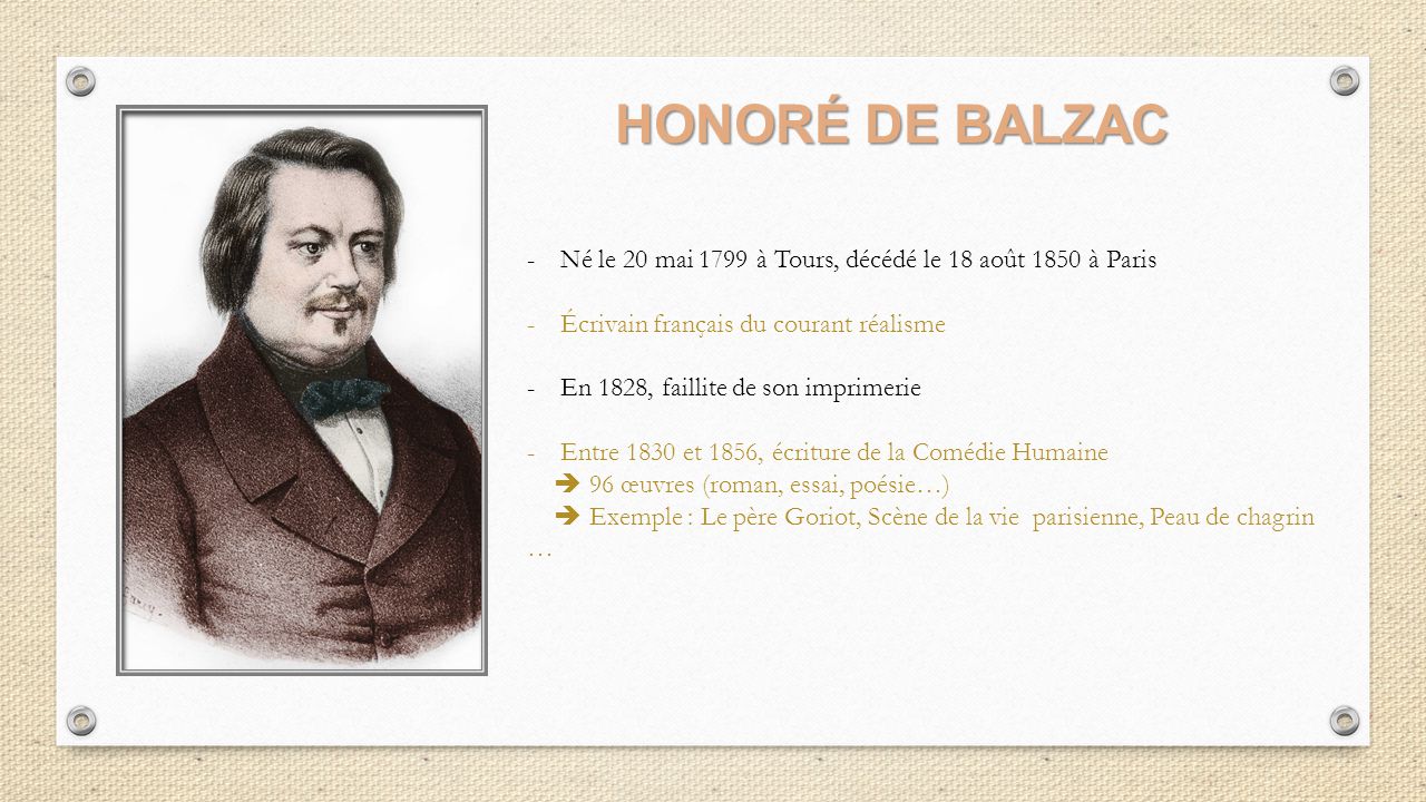 HONORÉ DE BALZAC Né le 20 mai 1799 à Tours, décédé le 18 août 1850 à Paris. Écrivain français du courant réalisme.