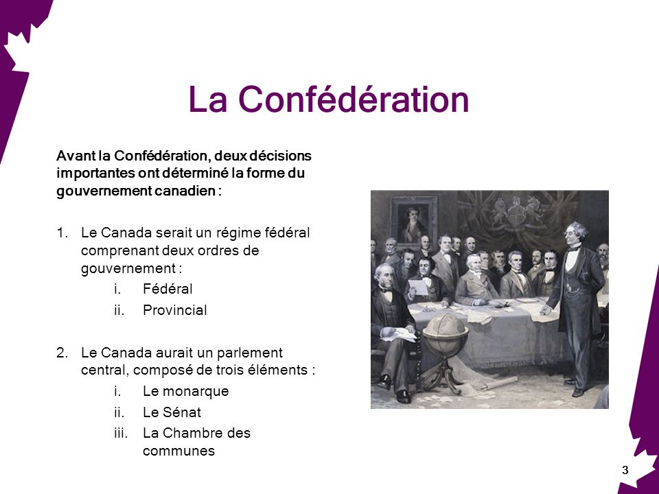 La Confédération Avant la Confédération, deux décisions importantes ont déterminé la forme du gouvernement canadien :