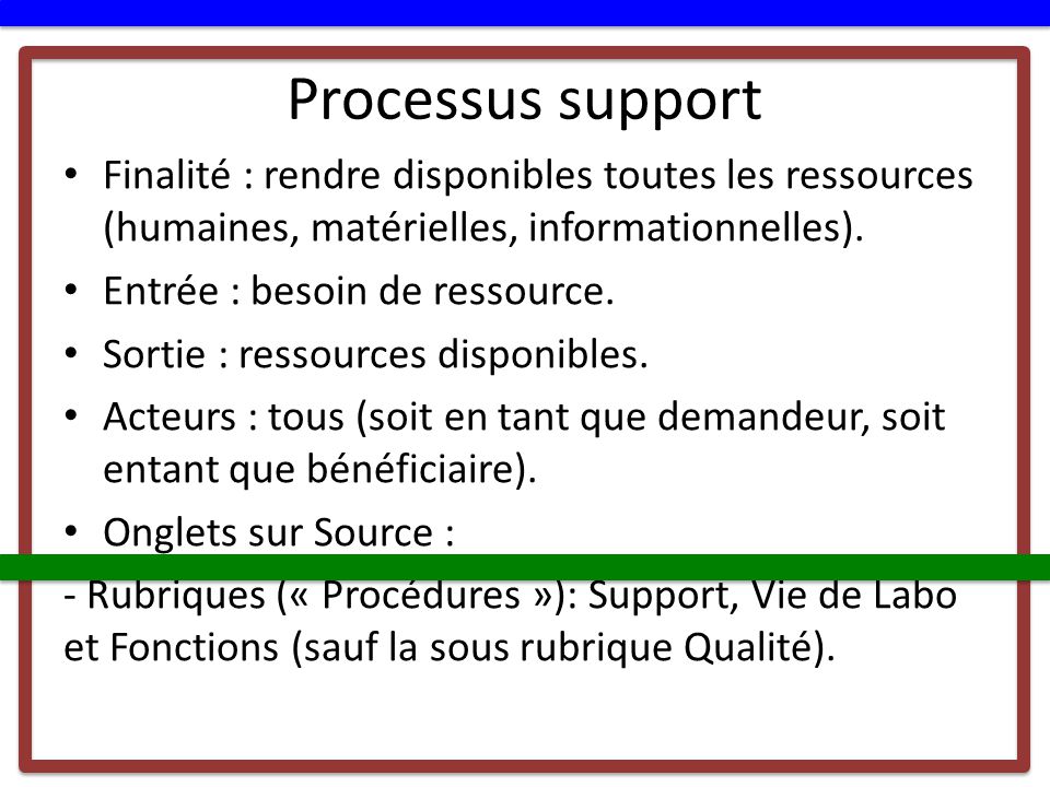 Processus support Finalité : rendre disponibles toutes les ressources (humaines, matérielles, informationnelles).