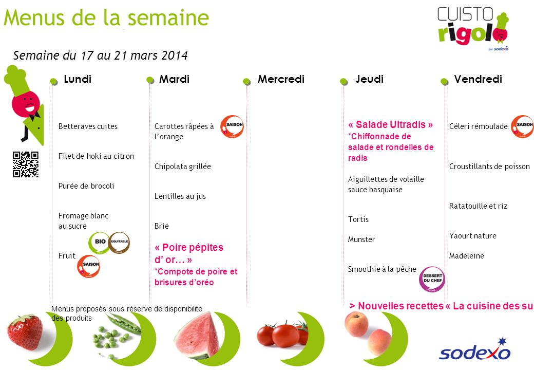 Semaine du 17 au 21 mars 2014 « Salade Ultradis » *Chiffonnade de salade et rondelles de radis. Aiguillettes de volaille sauce basquaise.