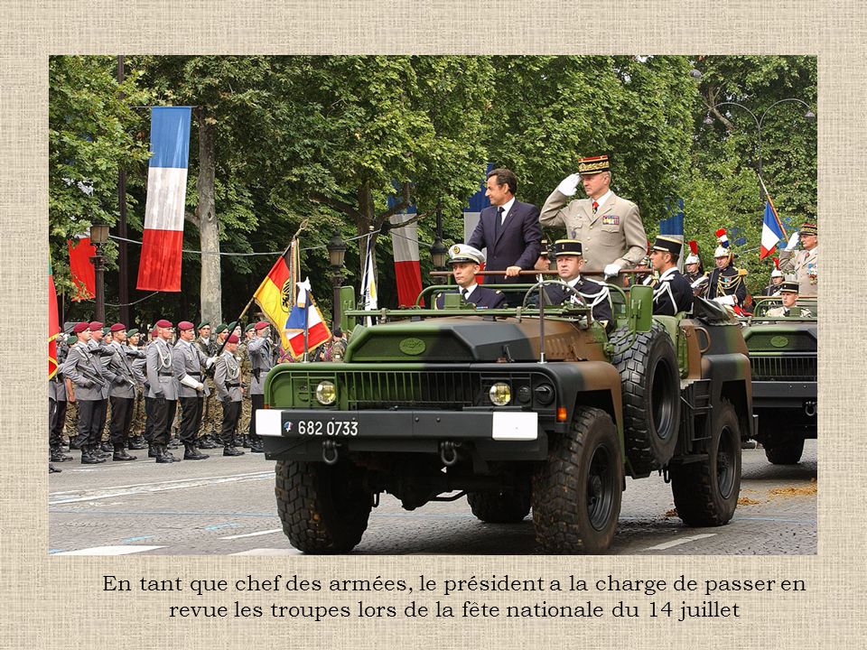 En tant que chef des armées, le président a la charge de passer en revue les troupes lors de la fête nationale du 14 juillet