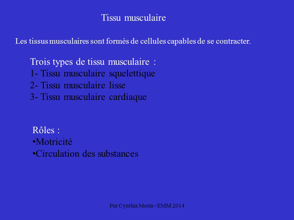 Trois types de tissu musculaire : 1- Tissu musculaire squelettique