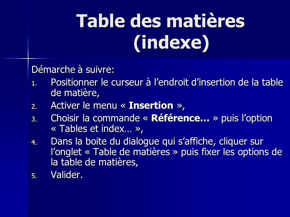 Table des matières (indexe)