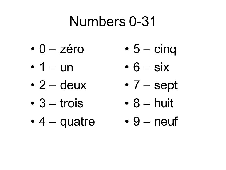 Numbers – zéro 1 – un 2 – deux 3 – trois 4 – quatre 5 – cinq