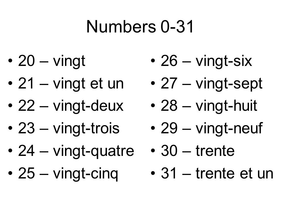 Numbers – vingt 21 – vingt et un 22 – vingt-deux