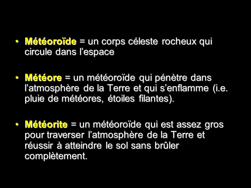 Météoroïde = un corps céleste rocheux qui circule dans l’espace