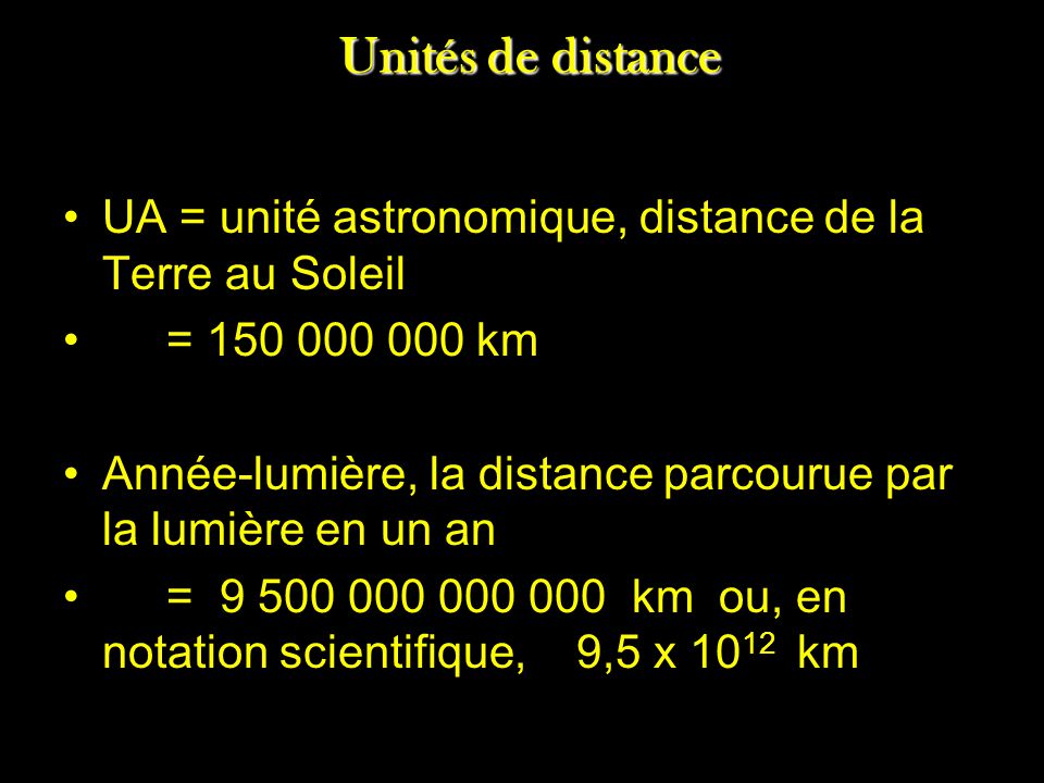 Unités de distance UA = unité astronomique, distance de la Terre au Soleil. = km.