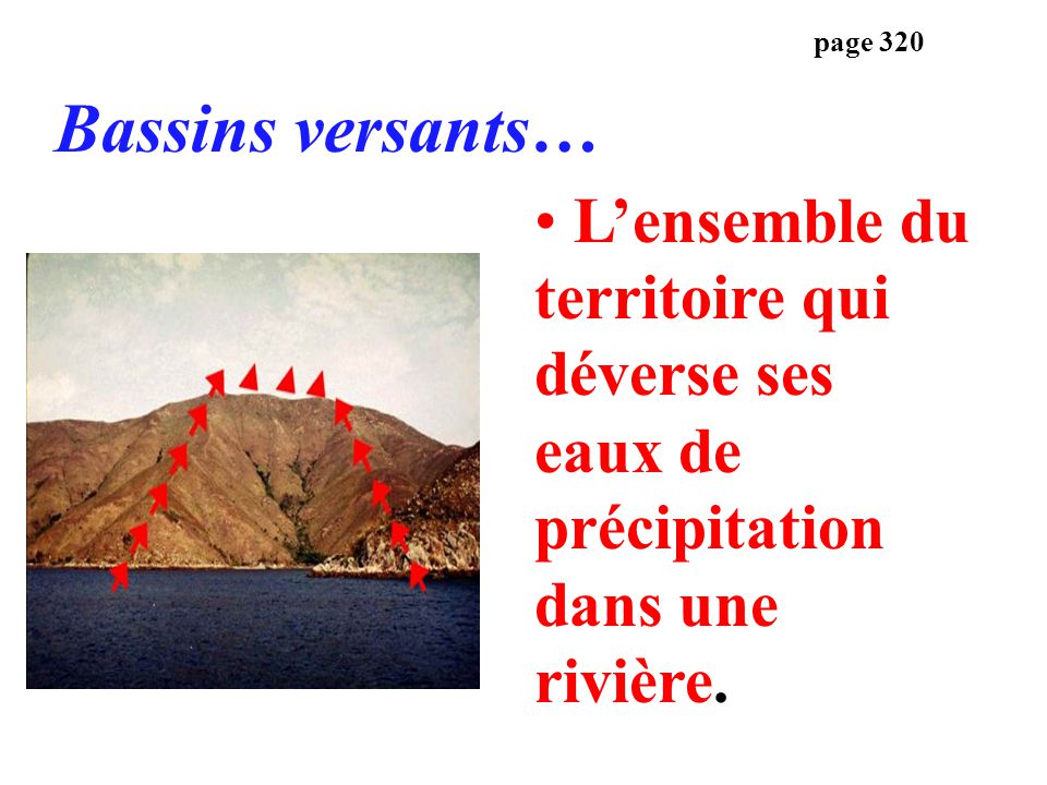 page 320 Bassins versants… L’ensemble du territoire qui déverse ses eaux de précipitation dans une rivière.