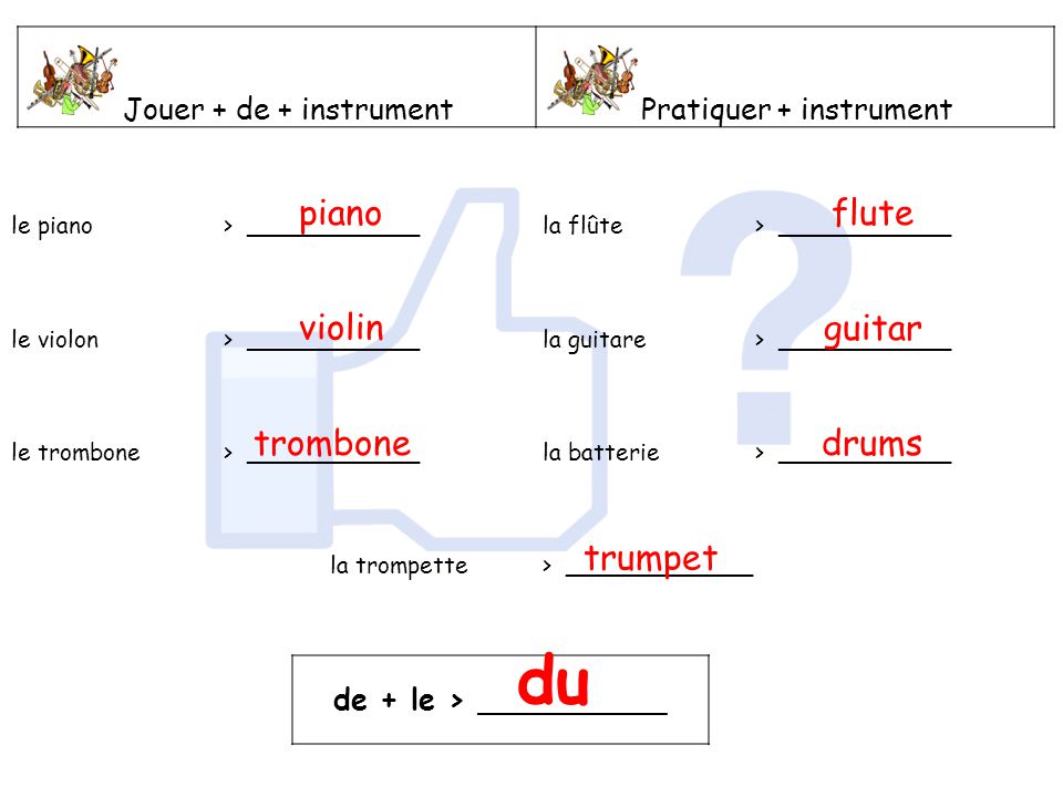 du piano flute violin guitar trombone drums trumpet