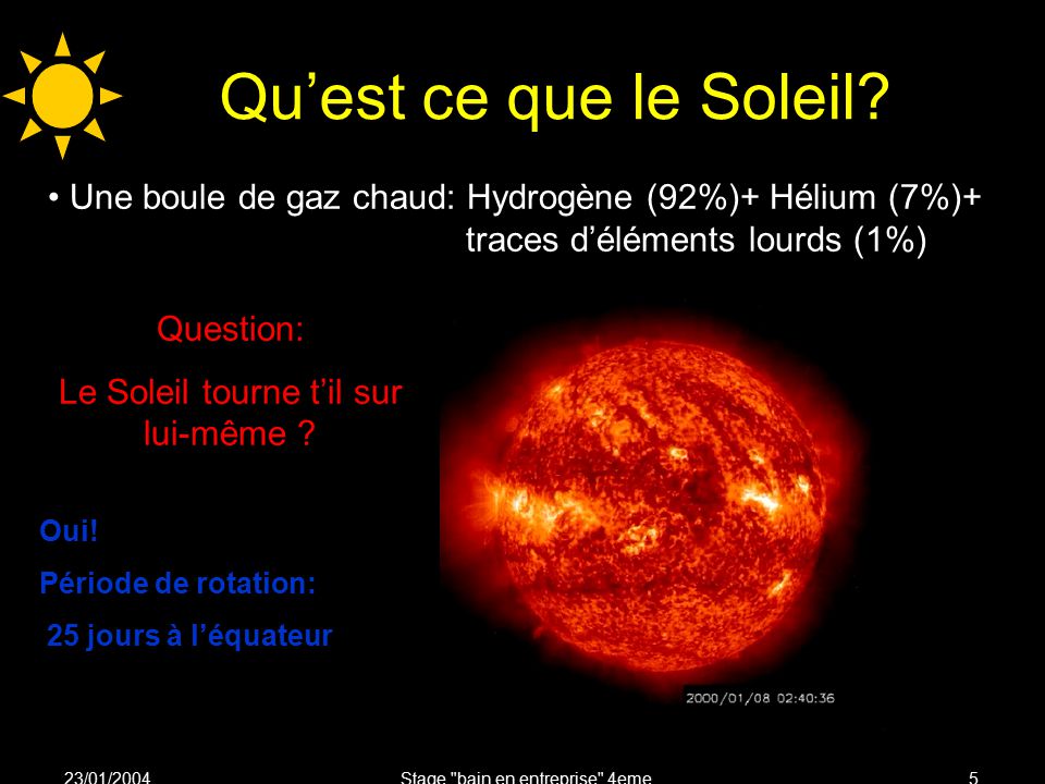Qu’est ce que le Soleil Une boule de gaz chaud: Hydrogène (92%)+ Hélium (7%)+ traces d’éléments lourds (1%)