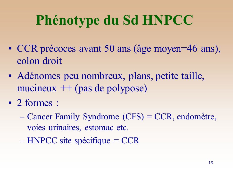 Phénotype du Sd HNPCC CCR précoces avant 50 ans (âge moyen=46 ans), colon droit.