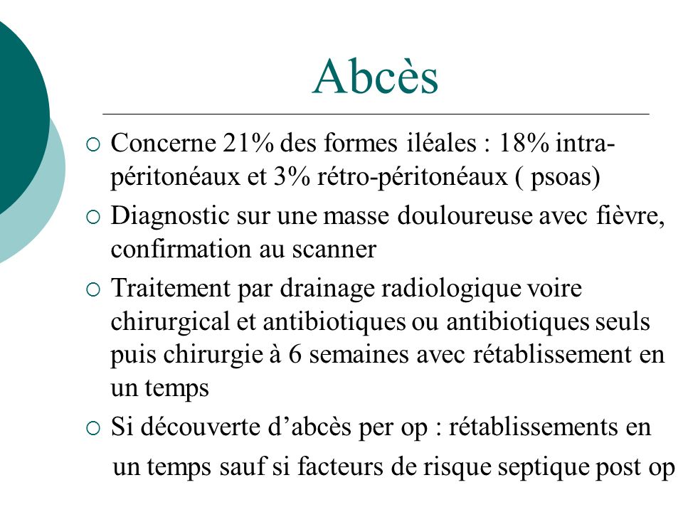 Abcès Concerne 21% des formes iléales : 18% intra-péritonéaux et 3% rétro-péritonéaux ( psoas)