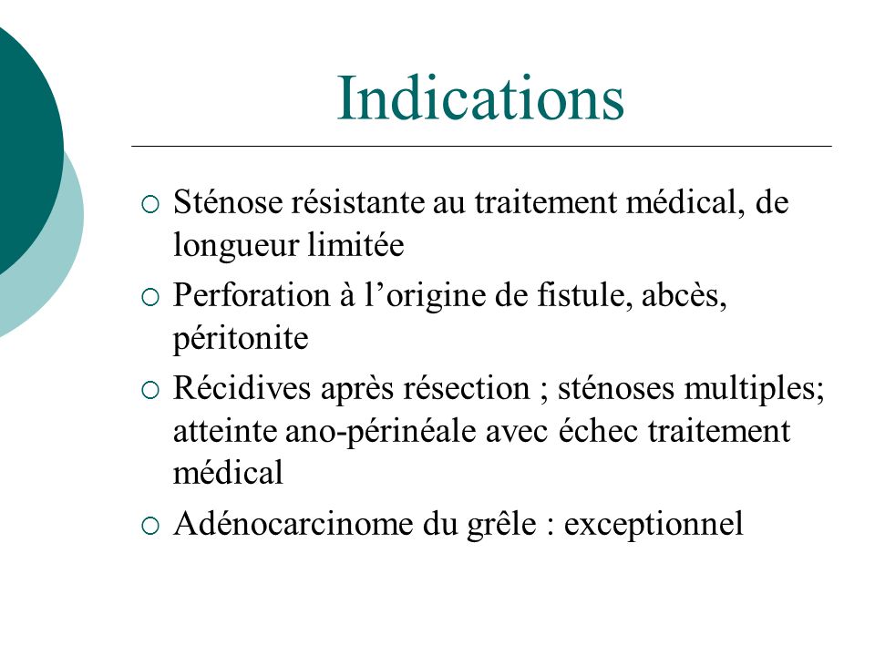 Indications Sténose résistante au traitement médical, de longueur limitée. Perforation à l’origine de fistule, abcès, péritonite.