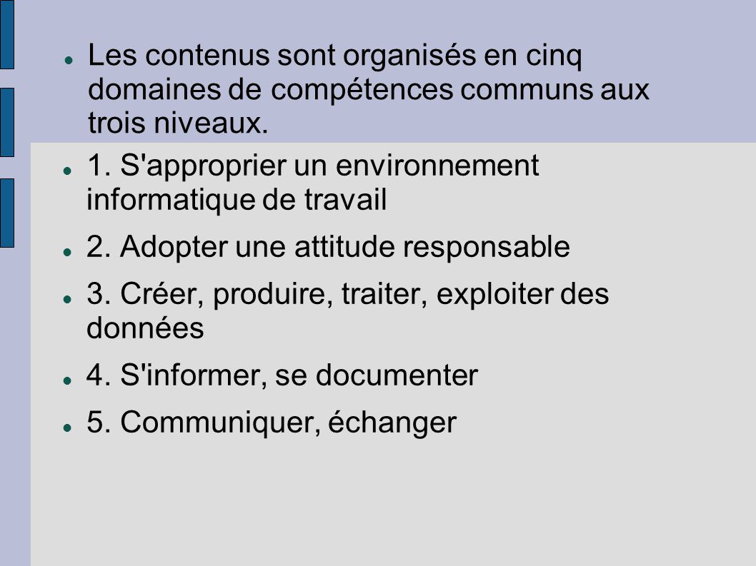 Les contenus sont organisés en cinq domaines de compétences communs aux trois niveaux.