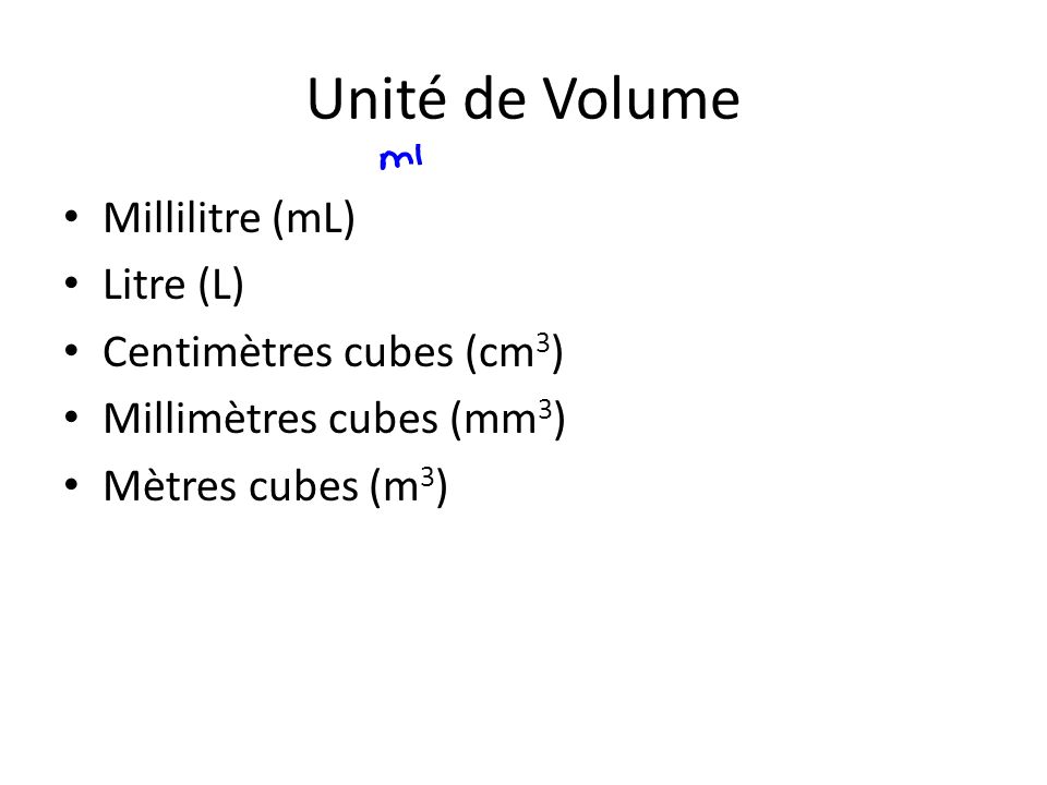 Unité de Volume Millilitre (mL) Litre (L) Centimètres cubes (cm3)