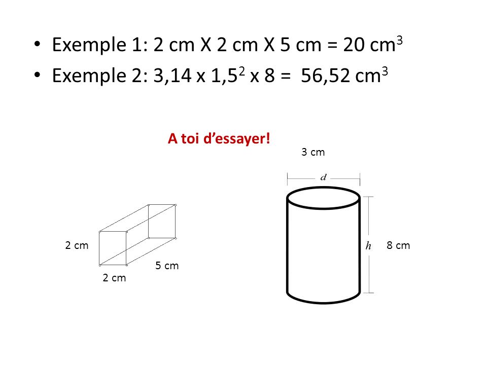 Exemple 1: 2 cm X 2 cm X 5 cm = 20 cm3 Exemple 2: 3,14 x 1,52 x 8 = 56,52 cm3. A toi d’essayer! 3 cm.