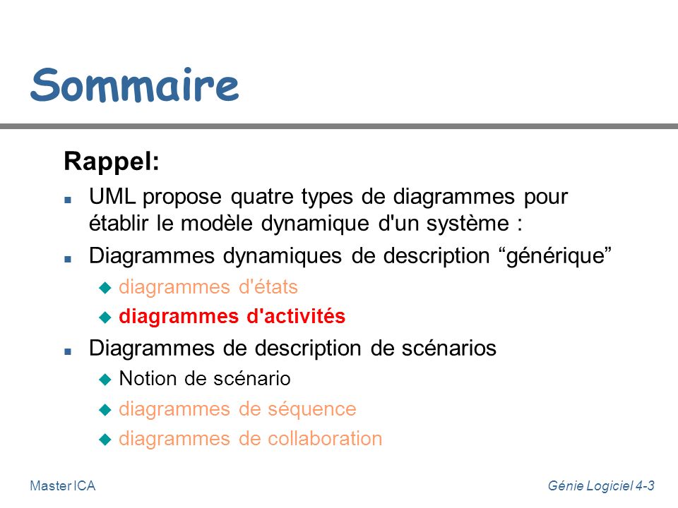 Sommaire Rappel: UML propose quatre types de diagrammes pour établir le modèle dynamique d un système :