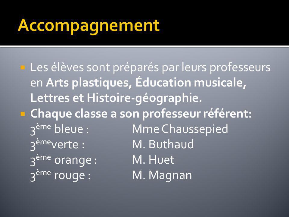 Accompagnement Les élèves sont préparés par leurs professeurs en Arts plastiques, Éducation musicale, Lettres et Histoire-géographie.