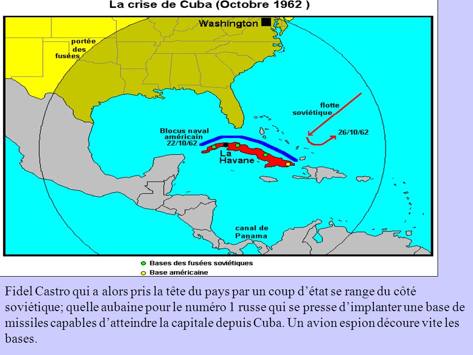 Fidel Castro qui a alors pris la tête du pays par un coup d’état se range du côté soviétique; quelle aubaine pour le numéro 1 russe qui se presse d’implanter une base de missiles capables d’atteindre la capitale depuis Cuba.