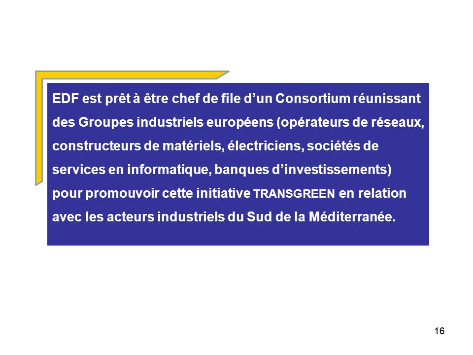 EDF est prêt à être chef de file d’un Consortium réunissant des Groupes industriels européens (opérateurs de réseaux, constructeurs de matériels, électriciens, sociétés de services en informatique, banques d’investissements) pour promouvoir cette initiative TRANSGREEN en relation avec les acteurs industriels du Sud de la Méditerranée.