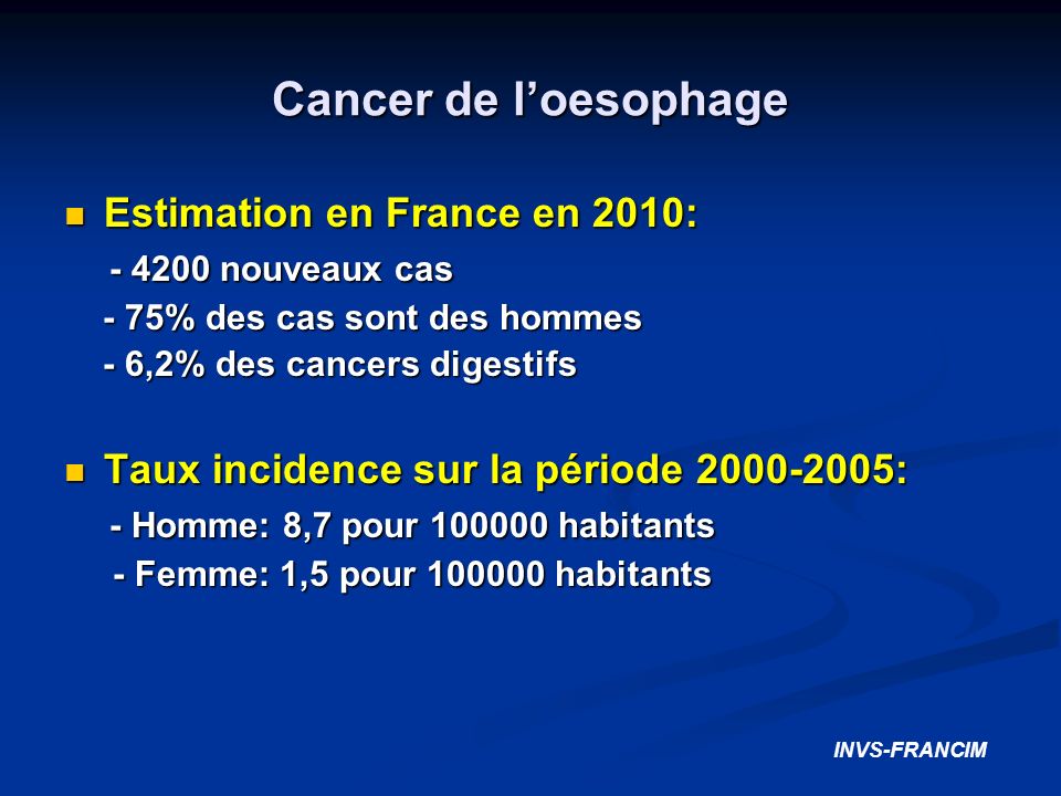 Cancer de l’oesophage Estimation en France en 2010:
