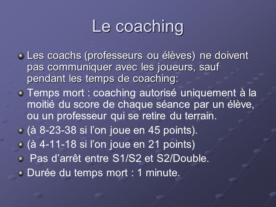 Le coaching Les coachs (professeurs ou élèves) ne doivent pas communiquer avec les joueurs, sauf pendant les temps de coaching: