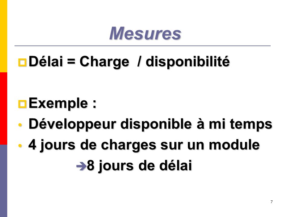 Mesures Délai = Charge / disponibilité Exemple :