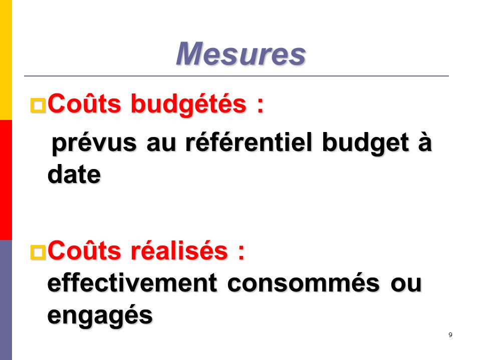 Mesures Coûts budgétés : prévus au référentiel budget à date