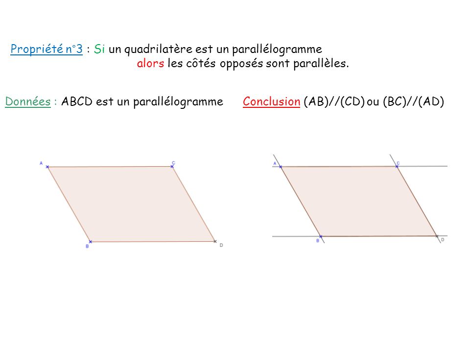 Propriété n°3 : Si un quadrilatère est un parallélogramme