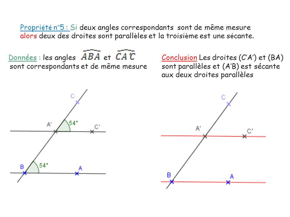 Propriété n°5 : Si deux angles correspondants sont de même mesure alors deux des droites sont parallèles et la troisième est une sécante.