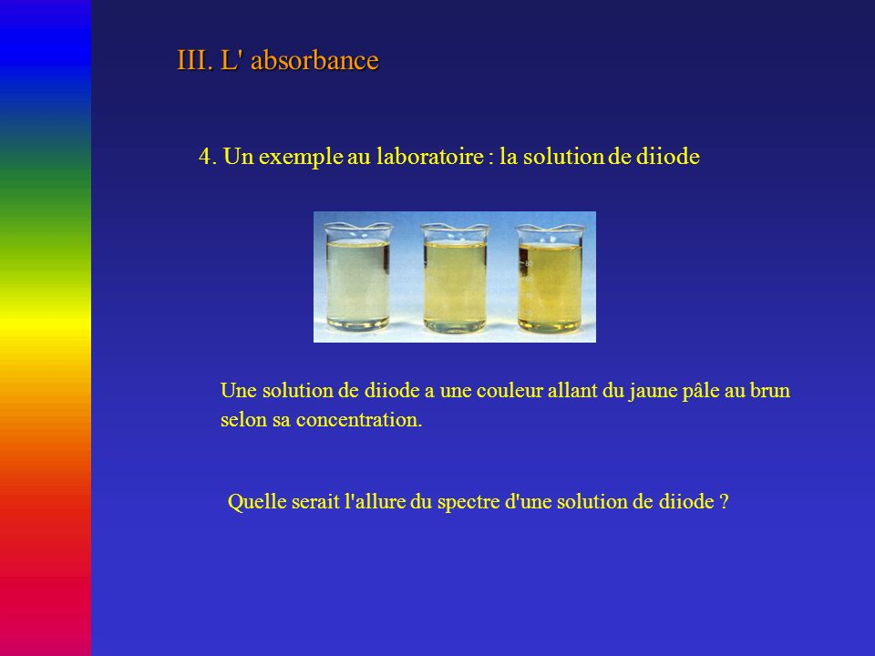 III. L absorbance 4. Un exemple au laboratoire : la solution de diiode. Une solution de diiode a une couleur allant du jaune pâle au brun.