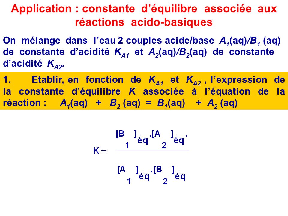Application : constante d’équilibre associée aux réactions acido-basiques