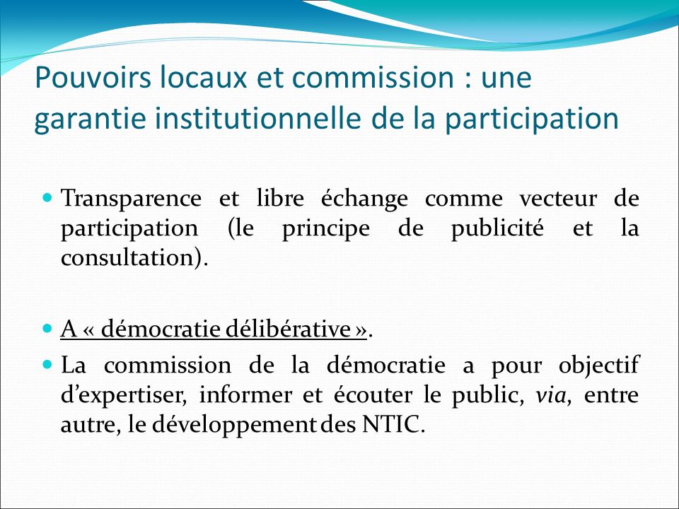 Pouvoirs locaux et commission : une garantie institutionnelle de la participation