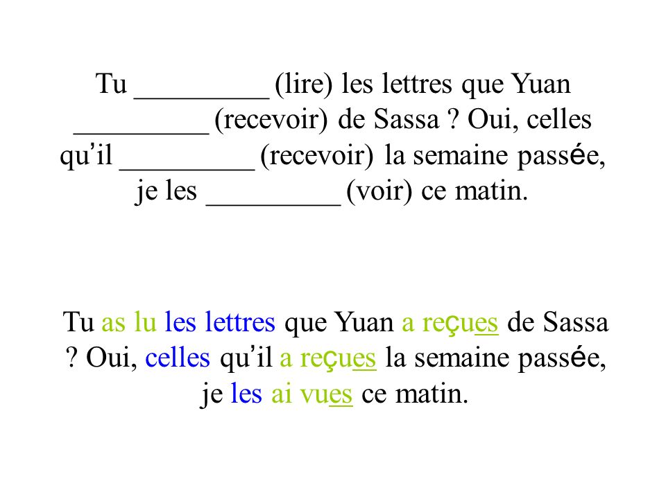 Tu _________ (lire) les lettres que Yuan _________ (recevoir) de Sassa