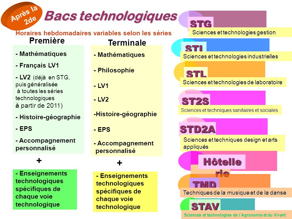 Bacs technologiques STG STI STL ST2S STD2A Hôtellerie + + TMD STAV