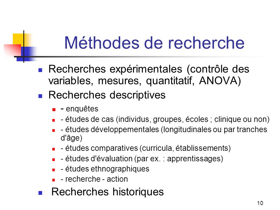 Méthodes de recherche Recherches expérimentales (contrôle des variables, mesures, quantitatif, ANOVA)