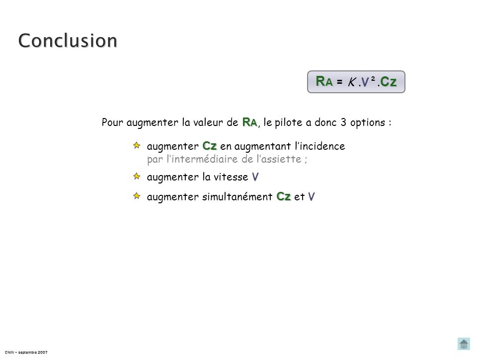Conclusion RA = K .V².Cz. Pour augmenter la valeur de RA, le pilote a donc 3 options : augmenter Cz en augmentant l’incidence.