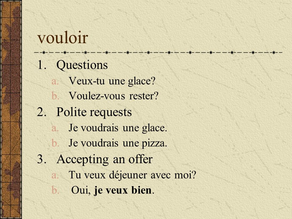 vouloir Questions Polite requests Accepting an offer