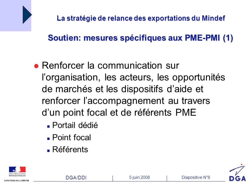La stratégie de relance des exportations du Mindef Soutien: mesures spécifiques aux PME-PMI (1)‏