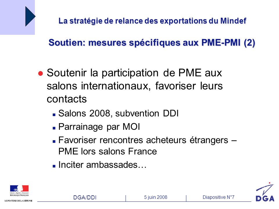 La stratégie de relance des exportations du Mindef Soutien: mesures spécifiques aux PME-PMI (2)‏