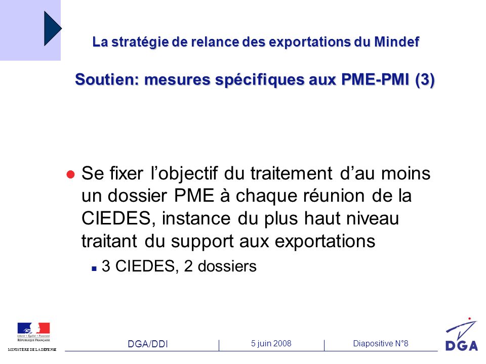 La stratégie de relance des exportations du Mindef Soutien: mesures spécifiques aux PME-PMI (3)‏