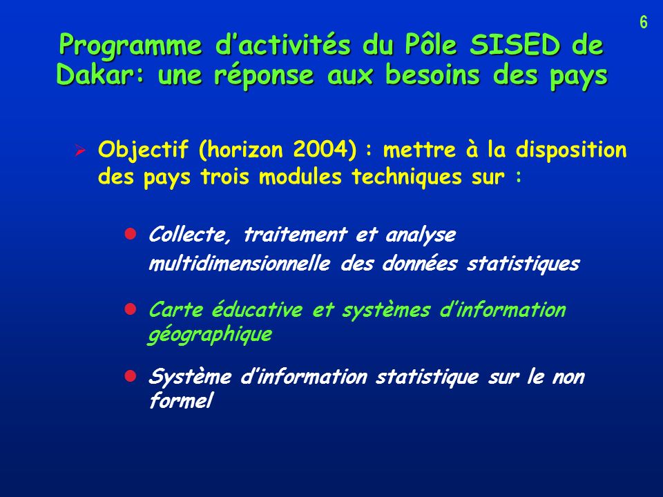 6 Programme d’activités du Pôle SISED de Dakar: une réponse aux besoins des pays.