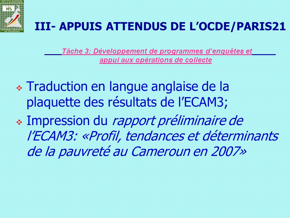 III- APPUIS ATTENDUS DE L’OCDE/PARIS21