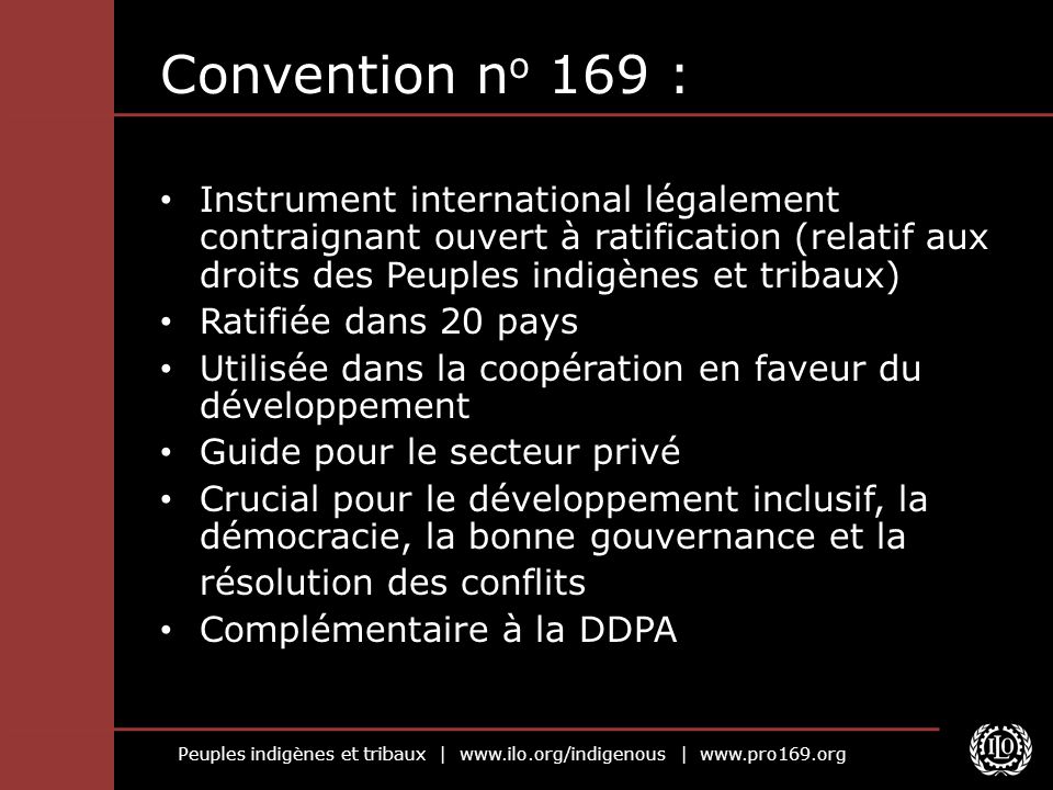 Convention no 169 : Instrument international légalement contraignant ouvert à ratification (relatif aux droits des Peuples indigènes et tribaux)