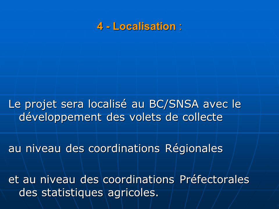 4 - Localisation : Le projet sera localisé au BC/SNSA avec le développement des volets de collecte.