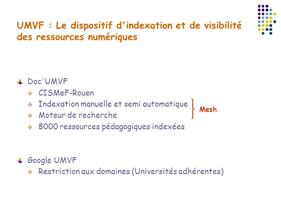 UMVF : Le dispositif d indexation et de visibilité des ressources numériques