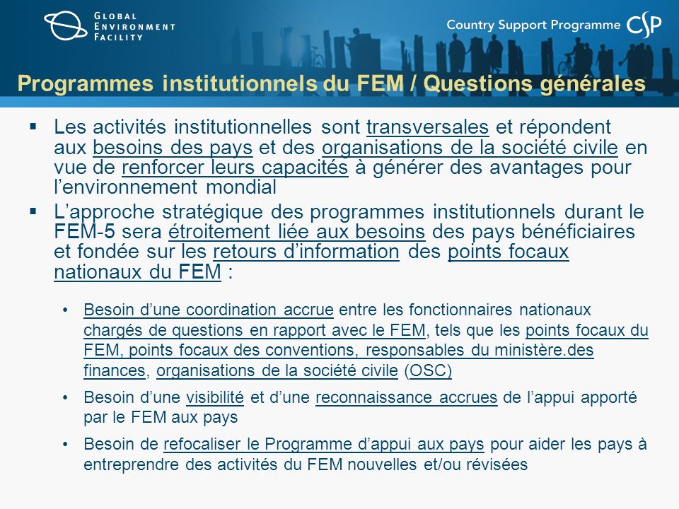 Programmes institutionnels du FEM / Questions générales